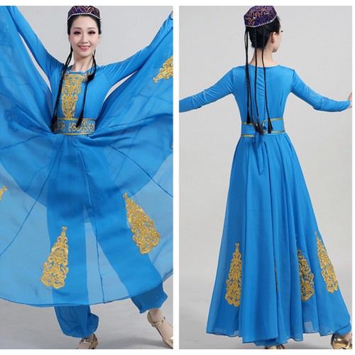 Women blue color Xinjiang dance costume Female ethnic style Uyghur dance performance skirt One-piece skirt suit